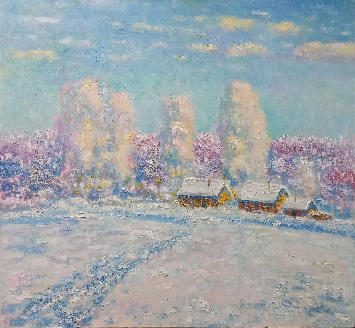 Картина. Сулеков Юрий. Зима в деревне, оргалит, масло, 61х66. Авторская живопись.