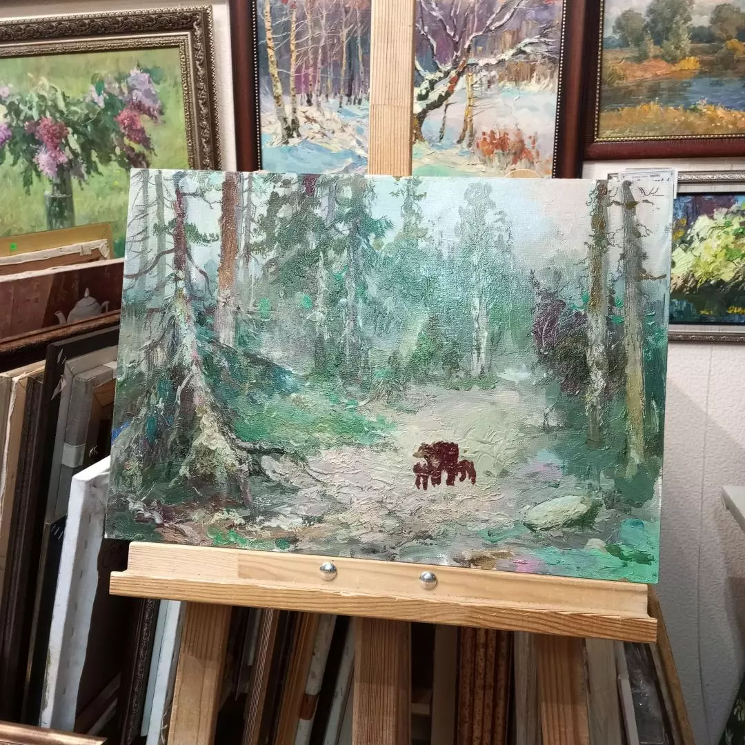 Картина. Леонид Куйкин Лесное семейство, холст, картон, масло, 35х50 см. Авторская живопись.