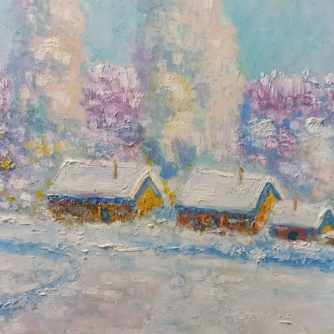 Картина. Сулеков Юрий. Зима в деревне, оргалит, масло, 61х66. Авторская живопись.