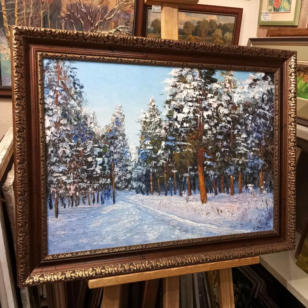 Картина. Стефан Домусчи Солнечный день в лесу, холст, картон, масло, 45х62 см. Авторская живопись.
