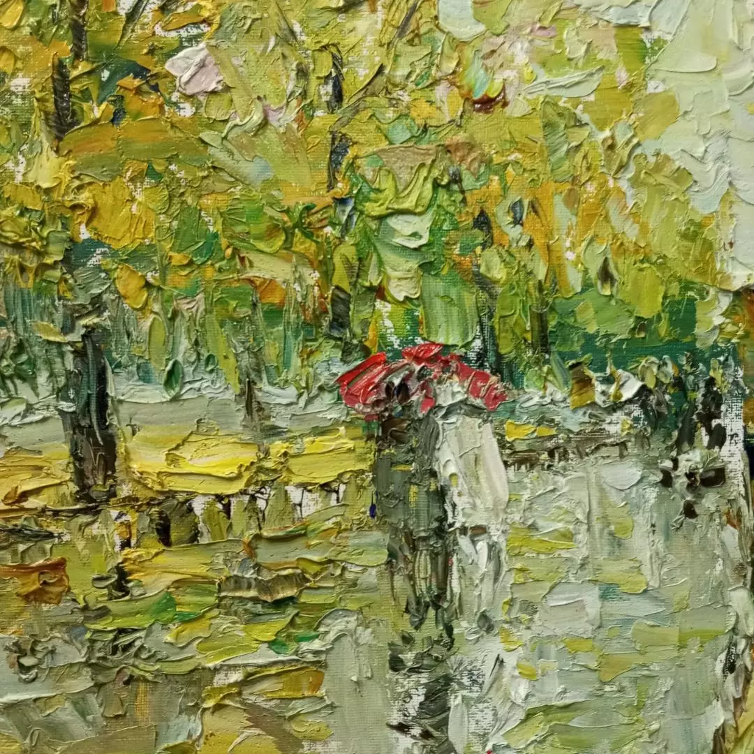 Картина. Инна Москалева. Под дождем. Холст, картон, масло. 30х40 см. Авторская живопись.
