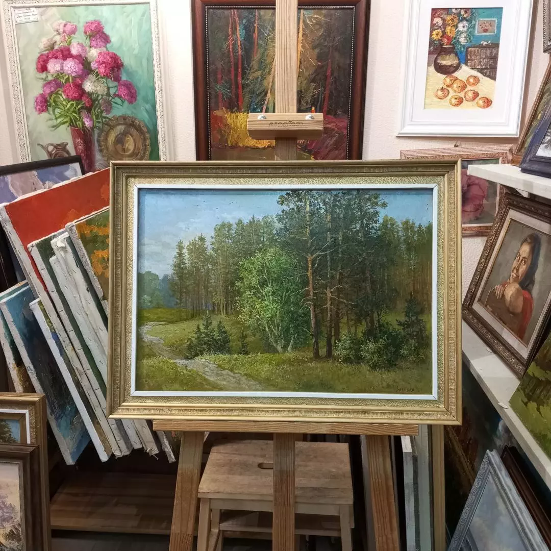Картина. Виктор Мириленко. Сосновый лес Ступино. ДВП, масло, акрил. 35х50 см. Авторская живопись.