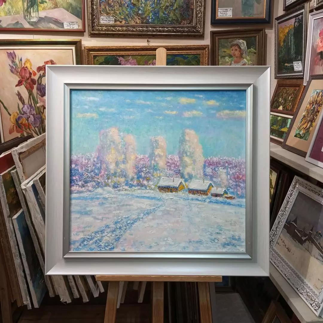 Картина. Сулеков Юрий. Зима в деревне, оргалит, масло, 61х66. Авторская живопись.