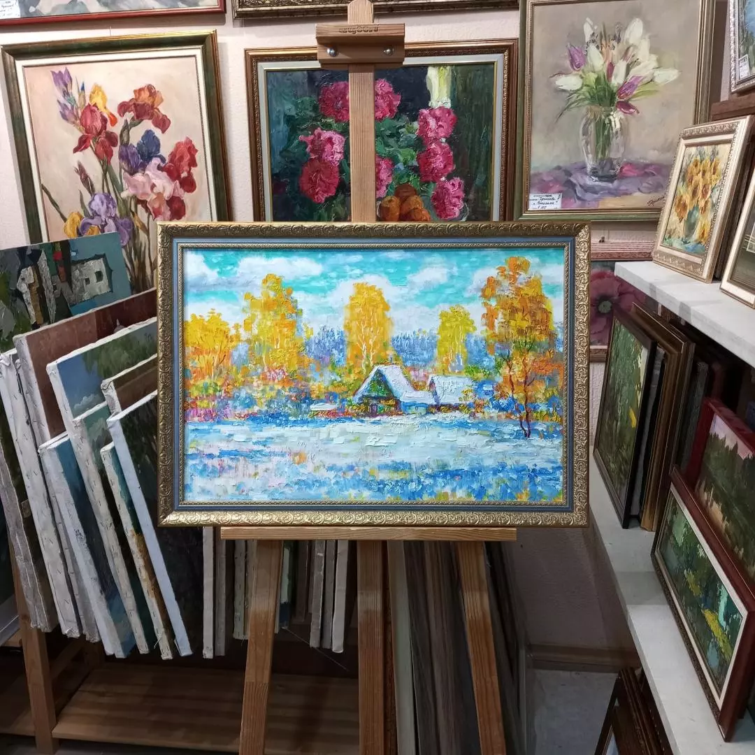 Картина. Сулеков Юрий Первый снег, оргалит, масло, 40х60см. Авторская живопись.