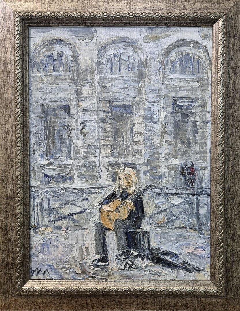 Картина. Инна Москалева. Гитарист. Холст, картон, масло. 40х30 см. Авторская живопись.