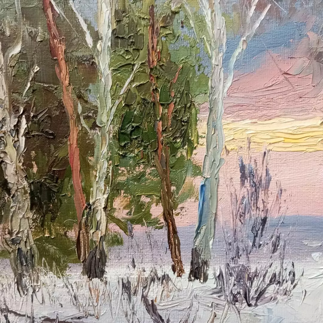 Картина. Стефан Домусчи  Закат в лесу, холст, масло, 40х60 см. Авторская живопись.