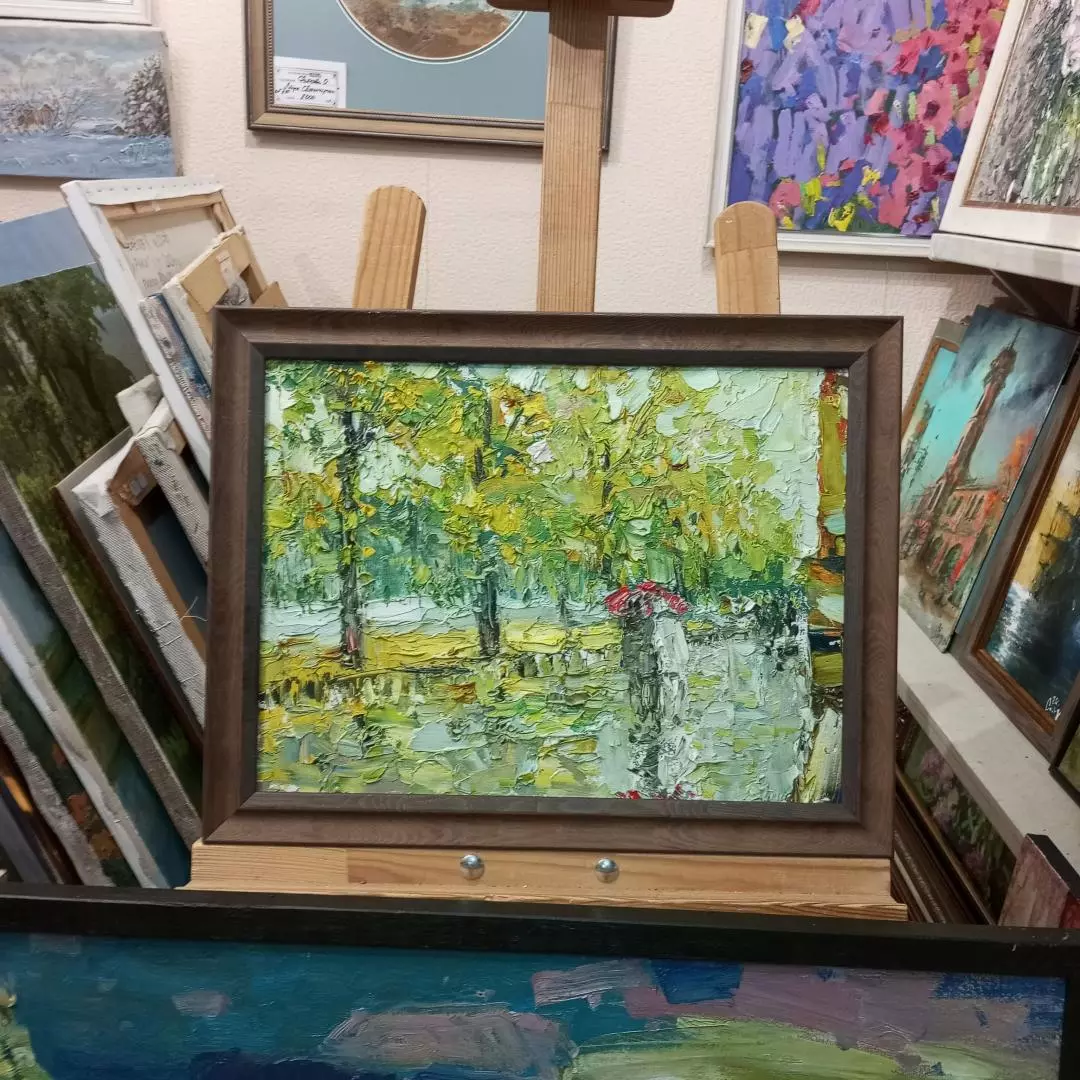 Картина. Инна Москалева. Под дождем. Холст, картон, масло. 30х40 см. Авторская живопись.