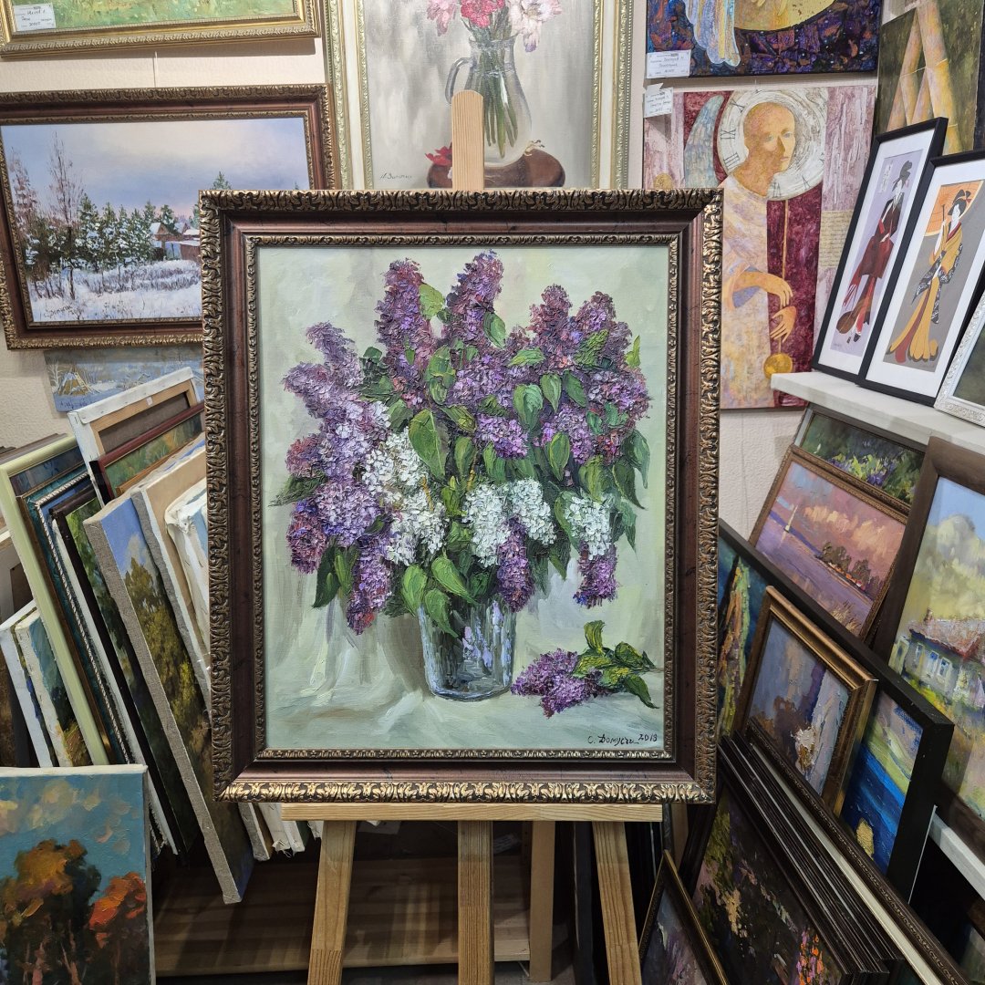 Картина. Стефан Домусчи. Сирень 2018г. Холст, картон, масло. 61х50 см. Авторская живопись.