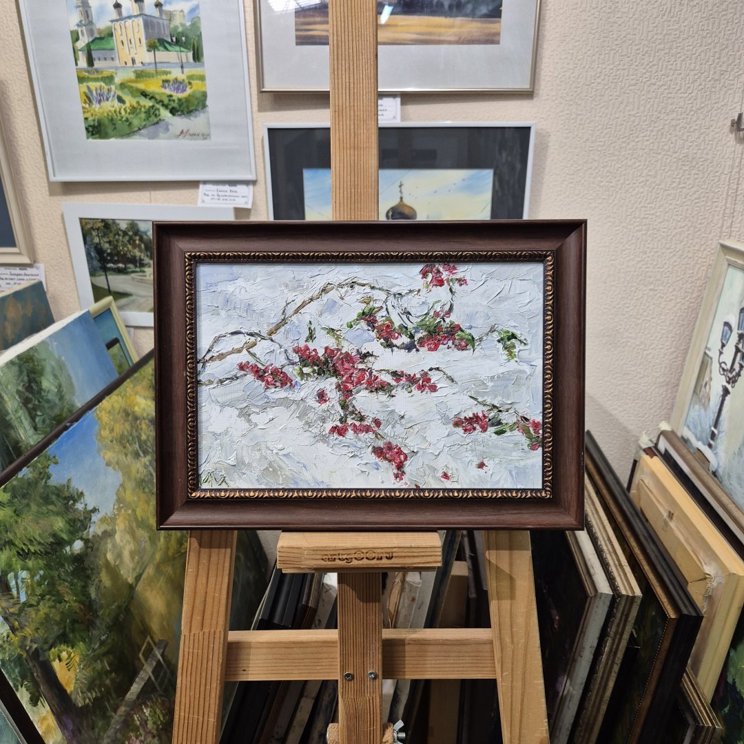 Картина. Инна Москалева. Рябина на снегу. Холст, картон, масло. 20х30см. Авторская живопись.