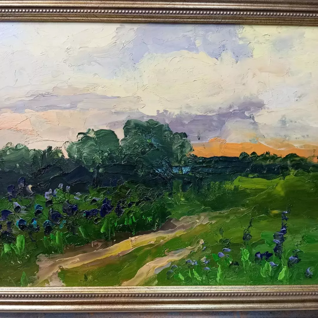 Картина. Роман Серебрянский. Летний вечер. Картон, масло. 20х28 см. Авторская живопись.