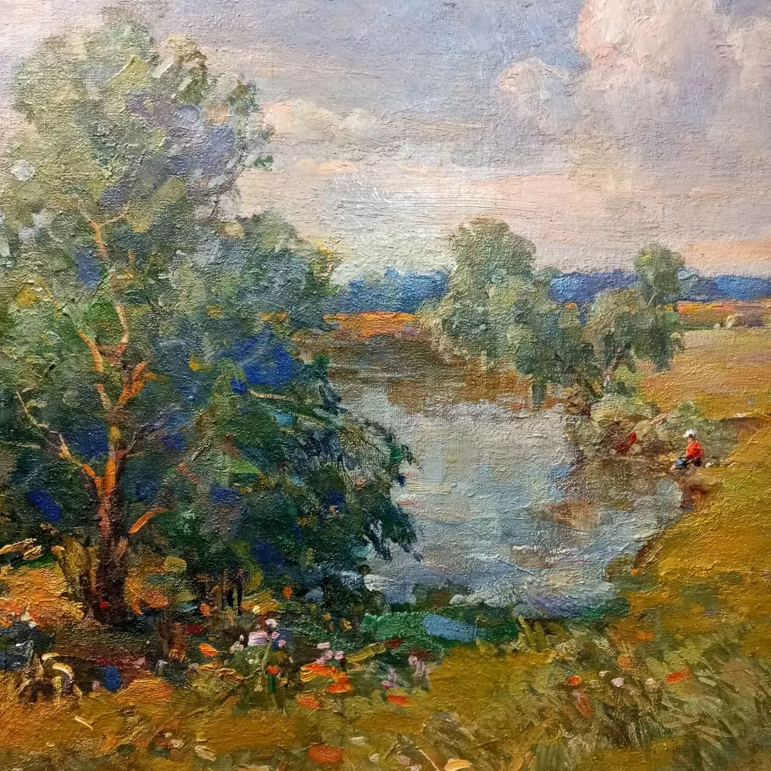 Картина. Александр Поплавский. Пейзаж с вербой. Холст, картон, масло. 42х50 см. Авторская живопись.