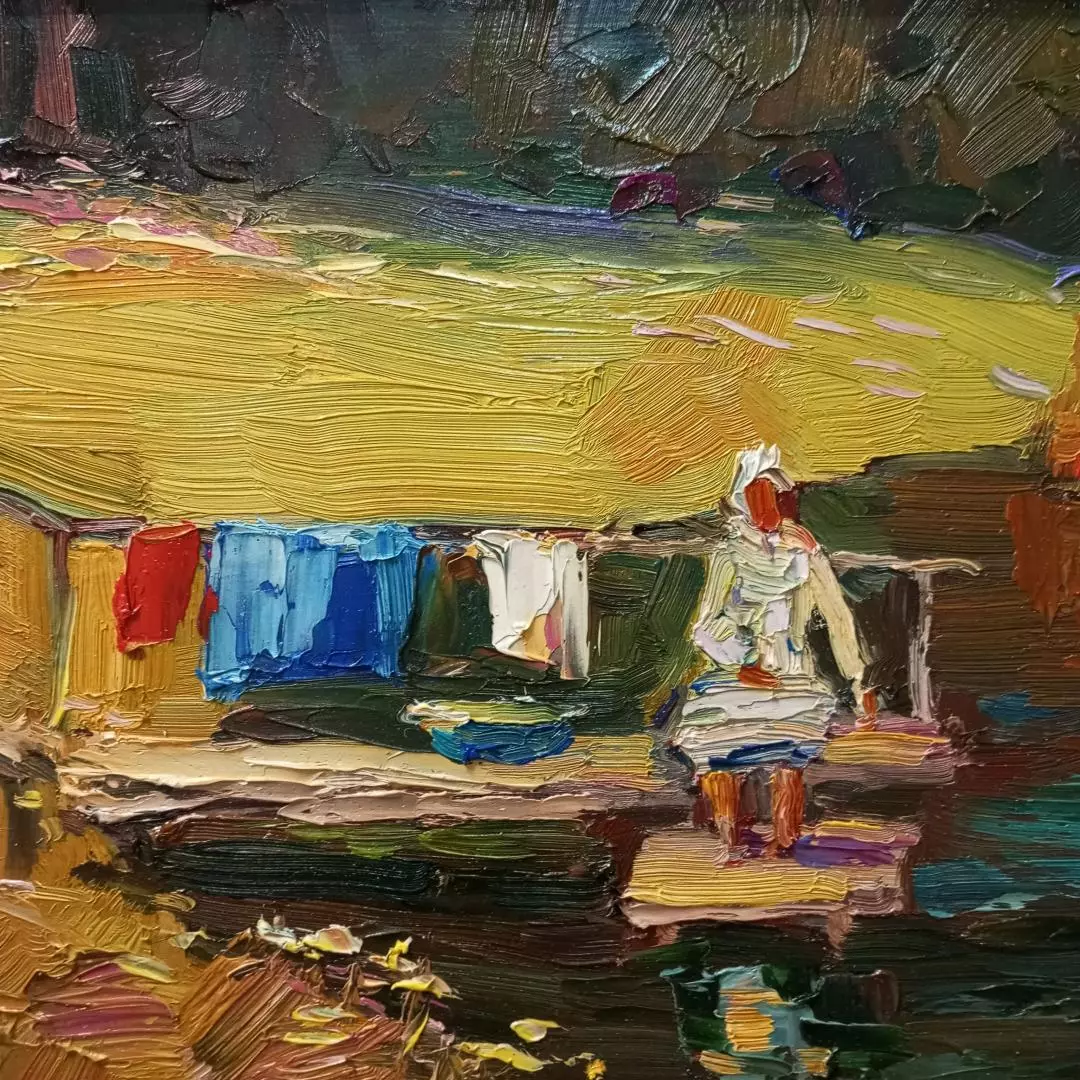 Картина. Александр Филиппов. Постирушки. Картон, масло. 21х40 см. Авторская живопись.