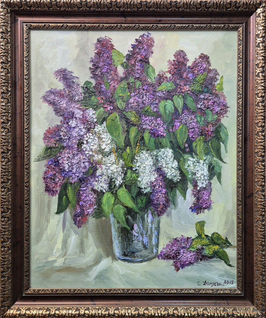 Картина. Стефан Домусчи. Сирень 2018г. Холст, картон, масло. 61х50 см. Авторская живопись.