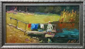 Картина. Александр Филиппов. Постирушки. Картон, масло. 21х40 см. Авторская живопись.
