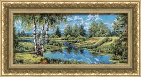 Гобелен в раме. Пейзаж с березами. 28х45 см