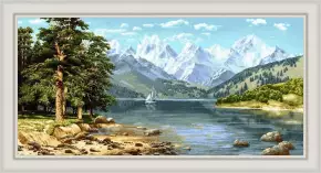 Гобелен в раме. Парусник среди гор. 87х158 см