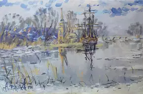 Картина. Александр Давыдов. Оттепель Воронеж, холст, масло, 35х54 см. Авторская живопись.