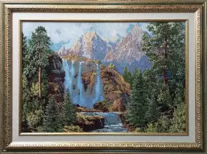 Гобелен в раме. Водопад у гор, габ 60х80 см, 713-16