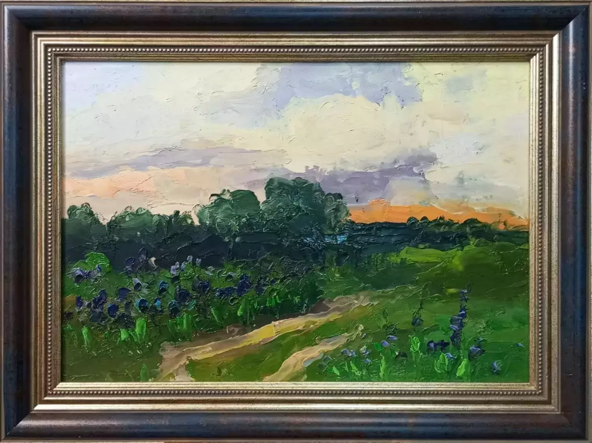 Картина. Роман Серебрянский. Летний вечер. Картон, масло. 20х28 см. Авторская живопись.