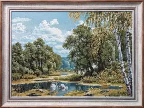 Гобелен в раме. Пейзаж с лебедями габ 55х75 см