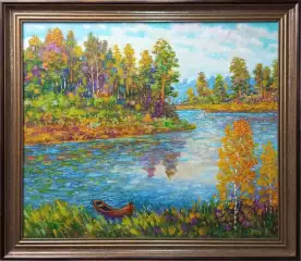 Картина. Сулеков Юрий. Лодочка, оргалит, масло, 61х71. Авторская живопись.