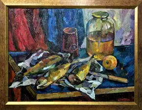 Картина. Оксана Смотрова. Натюрморт со скумбрией. Картон, масло. 49х65 см. Авторская живопись.