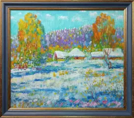 Картина. Сулеков Юрий Снег в сентябре оргалит, масло 53х60 см. Авторская живопись.
