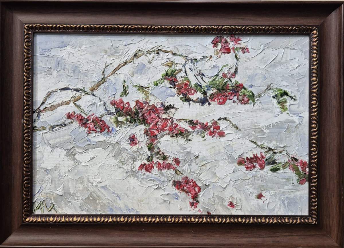 Картина. Инна Москалева. Рябина на снегу. Холст, картон, масло. 20х30см. Авторская живопись.