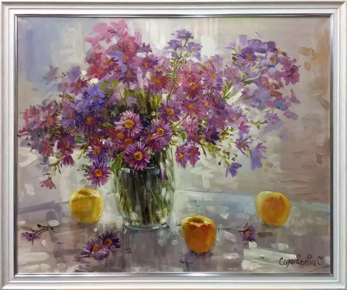 Картина. Светлана Соловьева. Натюрморт с хризантемами. Холст, масло. 50х60 см. Авторская живопись.