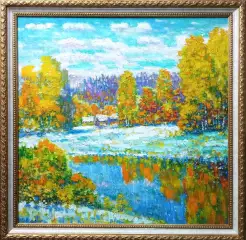 Картина. Сулеков Юрий Озеро, оргалит, масло, 61,5х61,5см. Авторская живопись.