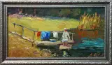 Картина. Александр Филиппов. Постирушки. Картон, масло. 21х40 см. Авторская живопись.