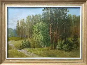 Картина. Виктор Мириленко. Сосновый лес Ступино. ДВП, масло, акрил. 35х50 см. Авторская живопись.