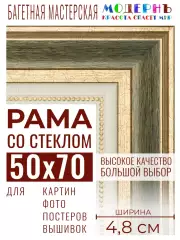 Багетная рамка для фото 50x70, фоторамка со стеклом для фотографий, постеров, картин, вышивок / темно-зеленая-золотая - 4,8 см, классическая, пластиковая,  с креплением, 715-61