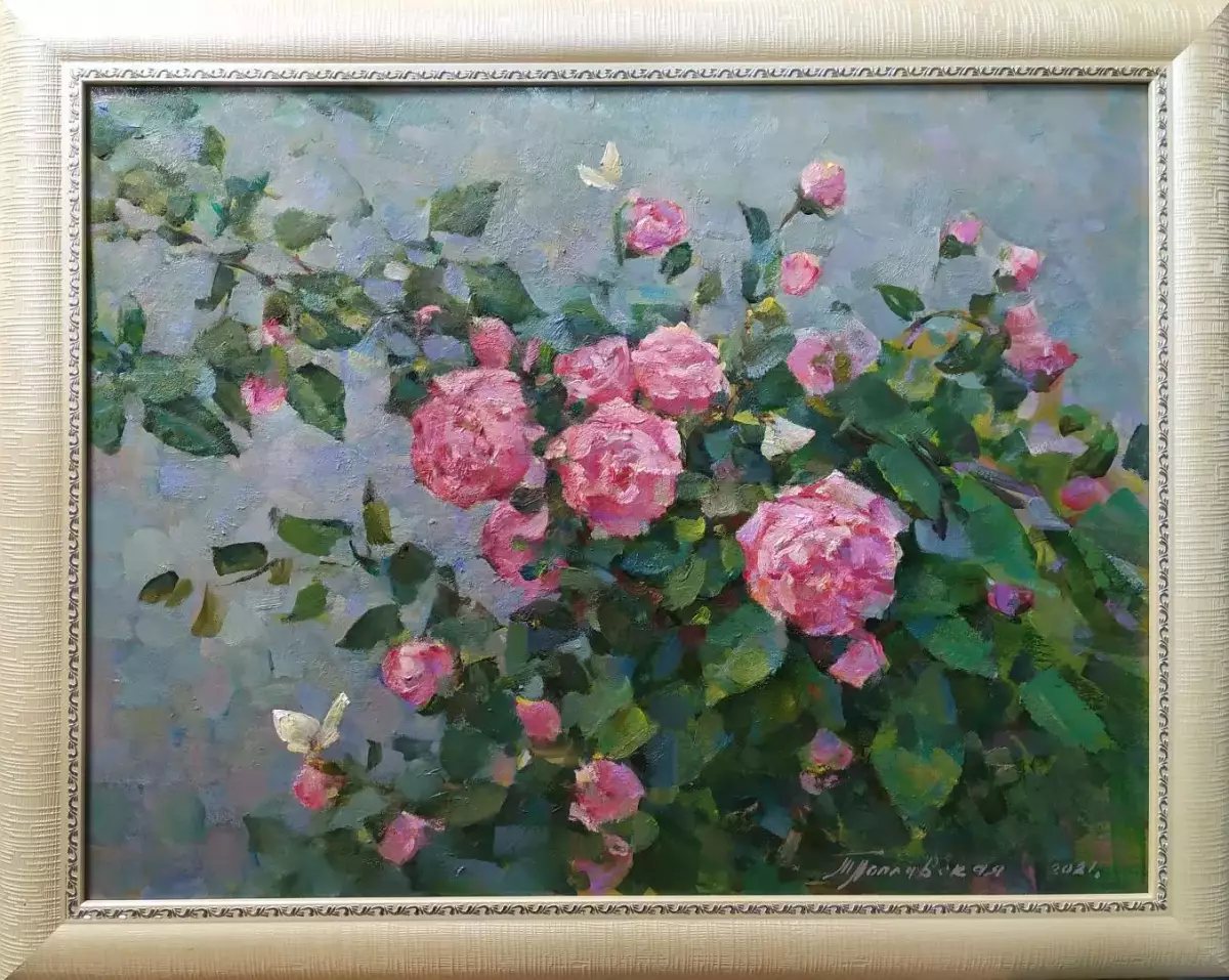 Картина. Татьяна Поплавская Розовый куст, картон, масло, 38х50 см. Авторская живопись.