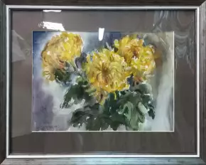 Картина. Оксана Смотрова. Хризантемы. Бумага, акварель. 25х35 см. Авторская живопись.