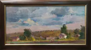 Картина. Александр Поплавский Майский вечер в Залесном картон, масло, 25х50 см. Авторская живопись.