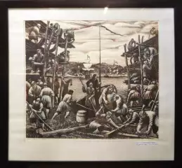 Картина. Виктор Донской Петр I на Воронежской верфи, 1985г.,  бумага, цв. автолитография, 50х54 см. Авторская живопись.