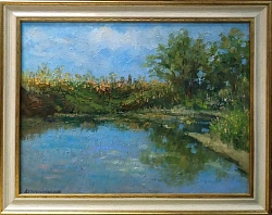 Картина. Лолита Серебрянская-Симонян "Река Осередь", картон, масло, 30х40 см, габ. 38х48. Авторская живопись. 