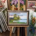 Картина. Стефан Домусчи. Разлив Хопра. Холст, картн, масло. 25х40 см. Авторская живопись.