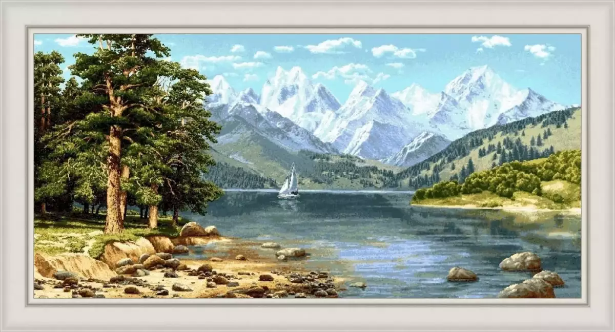 Гобелен в раме. Парусник среди гор. 87х158 см