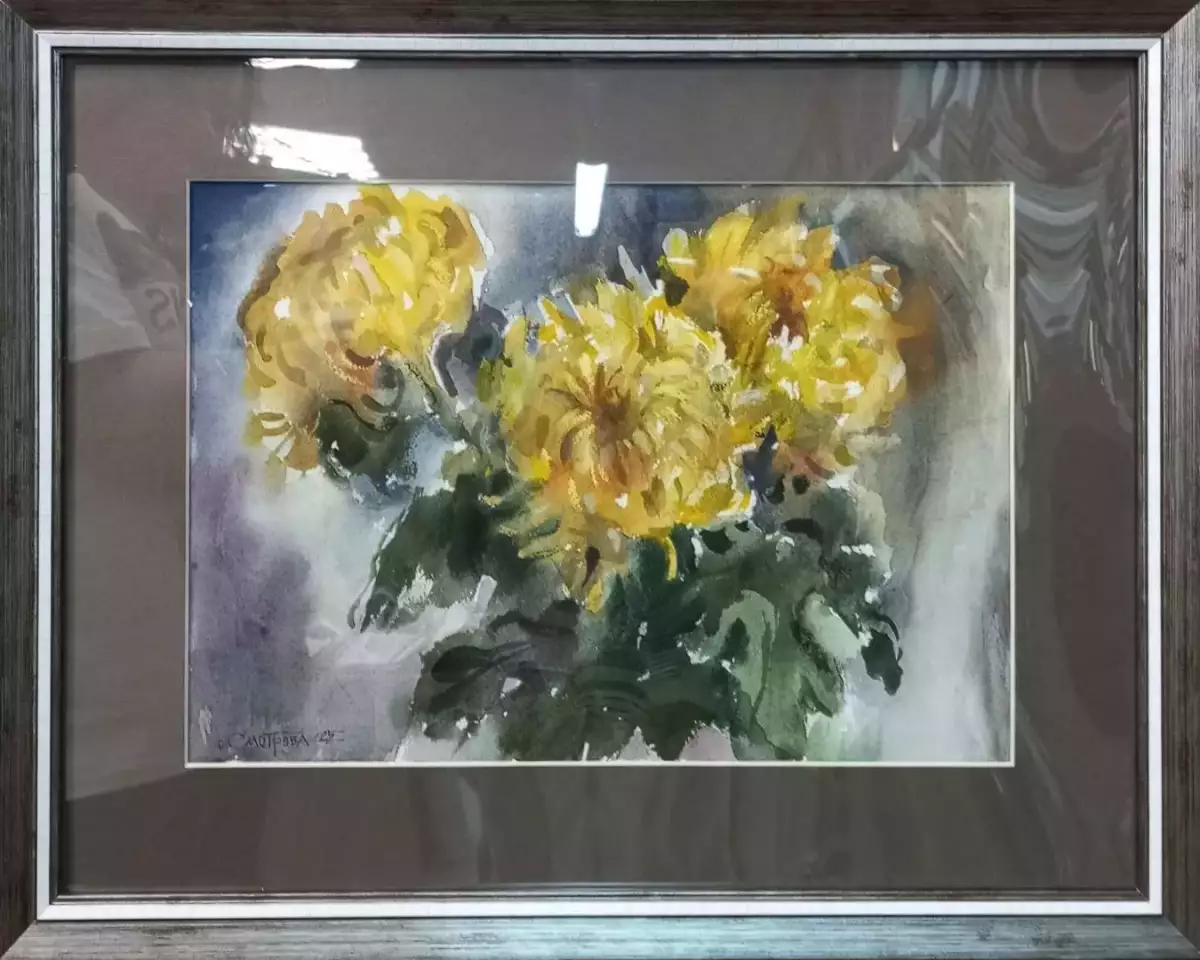 Картина. Оксана Смотрова. Хризантемы. Бумага, акварель. 25х35 см. Авторская живопись.