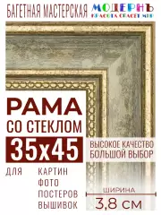 Багетная рамка для фото 35x45, фоторамка со стеклом для фотографий, постеров, картин, вышивок / зеленая-золотая - 3,8 см, классическая, пластиковая, с креплением, 704-61