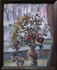 Картина. Надежда Кущева Зимние цветы, картон, масло, 48х38 см. Авторская живопись.