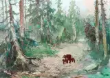 Картина. Леонид Куйкин Лесное семейство, холст, картон, масло, 35х50 см. Авторская живопись.