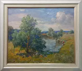 Картина. Александр Поплавский. Пейзаж с вербой. Холст, картон, масло. 42х50 см. Авторская живопись.