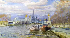 Картина. Александр Давыдов. Зима в Париже, холст, масло, 38х71 см. Авторская живопись.