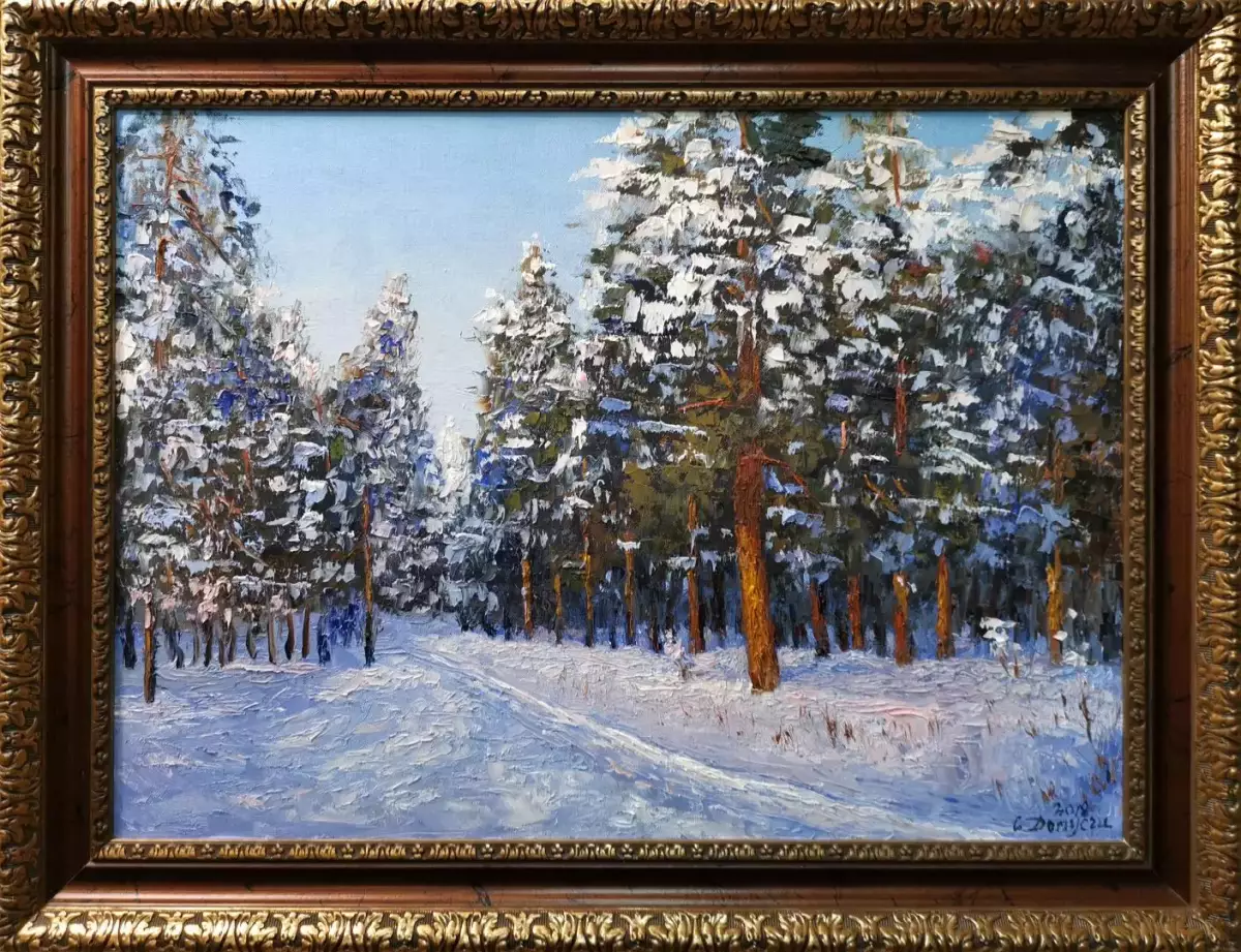 Картина. Стефан Домусчи Солнечный день в лесу, холст, картон, масло, 45х62 см. Авторская живопись.