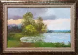 Картина. Стефан Домусчи. Разлив Хопра. Холст, картн, масло. 25х40 см. Авторская живопись.