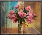 Картина. Евгений Федорищев Пионы на окне, холст, масло, 60х70 см. Авторская живопись.